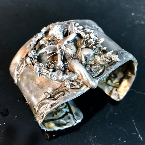 Angel Sterling Silver Cuff Bracelet Repoussé Antique 925 Victorian Wide Floral - Picture 3 of 8